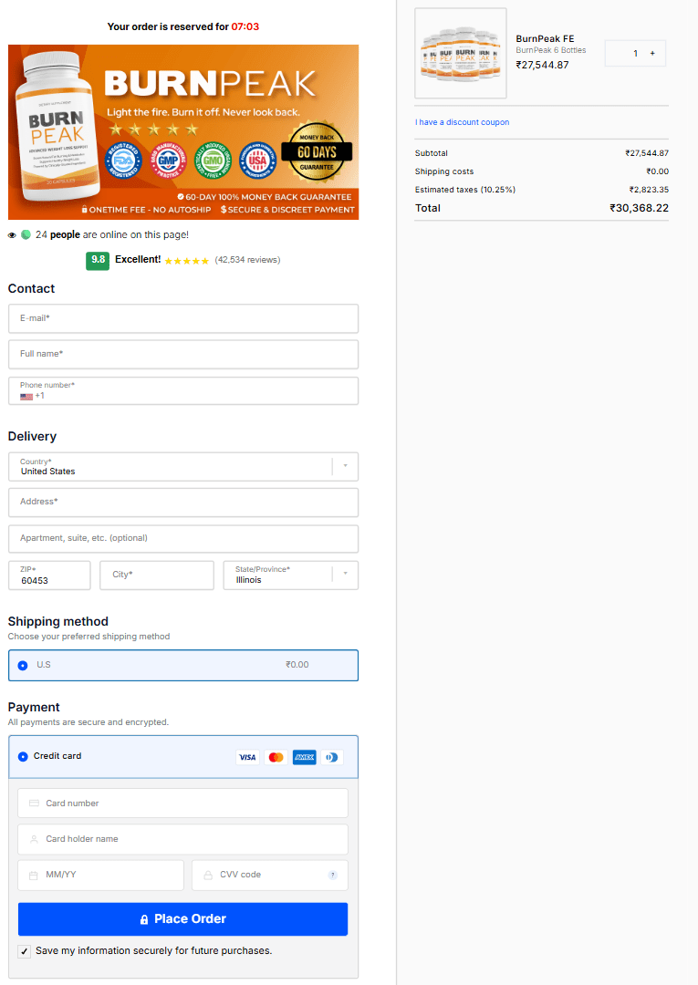 Burn Peak secure checkout page